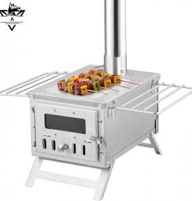 Stainless Steel Portable Outdoor Wood Burning Stove with Grill & Chimney Foldable Side Rack Camping Barbecue Cooking Stove