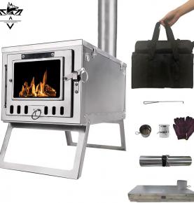 Stainless Steel Portable Outdoor Wood Burning Stove with Chimney Adjustable Air Vent Foldable Side Racks Camping Heating Cooking Stove
